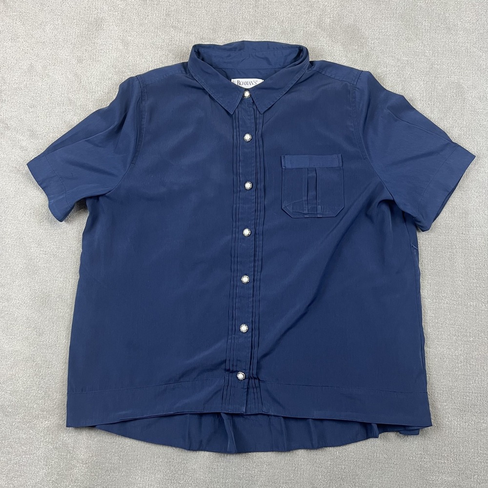 Roamans Shirt Womens 16W Navy Blue Pleated Back Pearl Button Short Sleeve Blouse